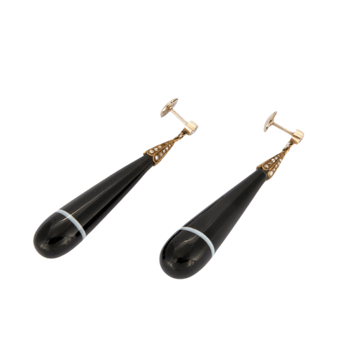 Boucles d'oreilles gouttes en or jaune, or gris, onyx et diamants 58 Facettes LOWO07-1