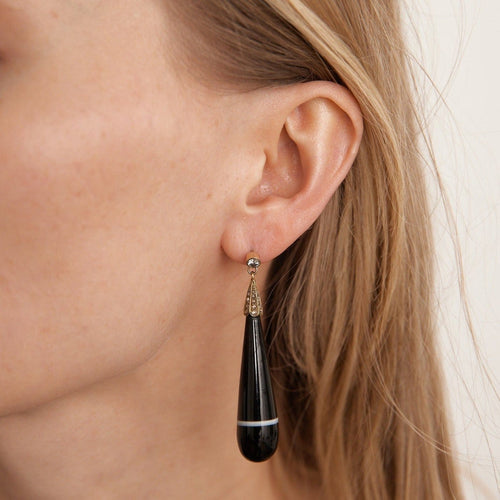 Boucles d'oreilles gouttes en or jaune, or gris, onyx et diamants 58 Facettes LOWO07-1