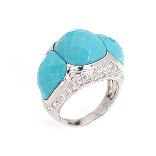 Bague 52 Bague dôme cocktail en or blanc 18 carats, turquoises et diamants 58 Facettes G13197