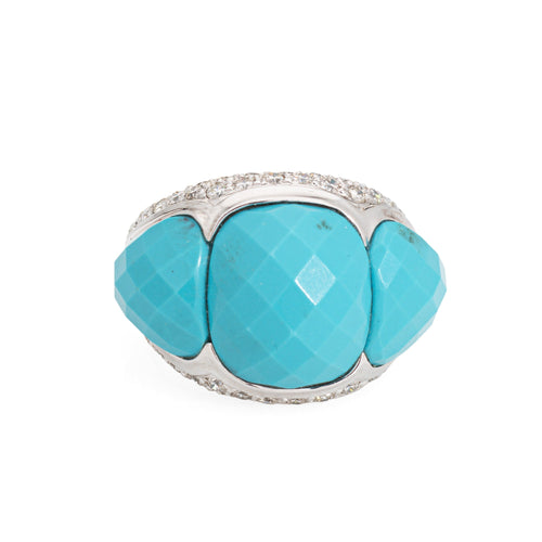 Bague 52 Bague dôme cocktail en or blanc 18 carats, turquoises et diamants 58 Facettes G13197