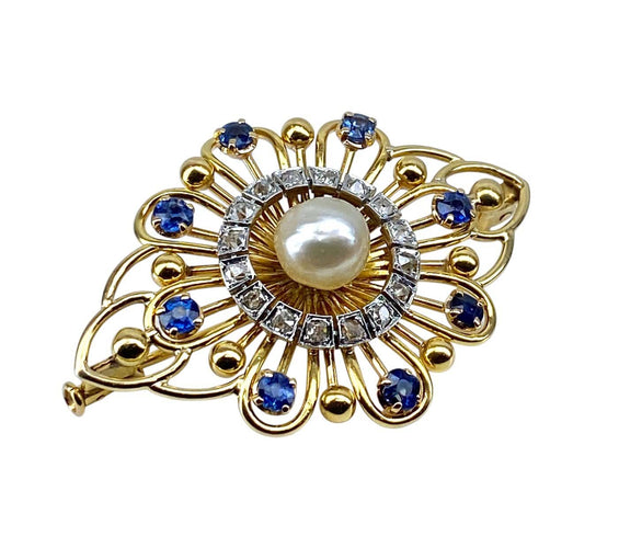 Broche en or jaune avec saphirs, diamants et perle 58 Facettes AB736