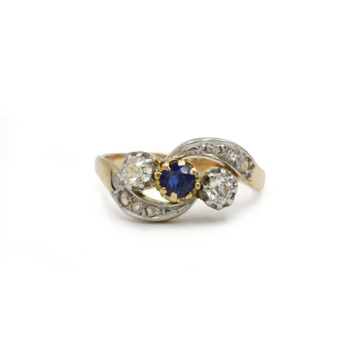 53 Art nouveau - Bague tourbillon en or 750, diamants et saphir 58 Facettes SA011