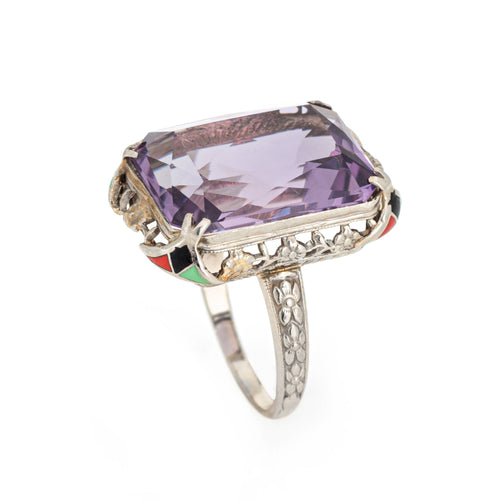 Bague 54 Art déco - Bague cocktail en or blanc 14 carats, améthyste et émail 58 Facettes G13475