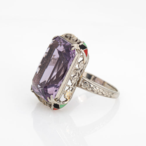 Bague 54 Art déco - Bague cocktail en or blanc 14 carats, améthyste et émail 58 Facettes G13475