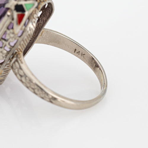 Bague 54 Art déco - Bague cocktail en or blanc 14 carats, améthyste et émail 58 Facettes G13475