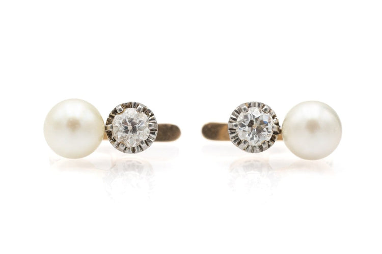 Boucles d'oreilles anciennes en or jaune, platine, diamants et perles 58 Facettes 13474