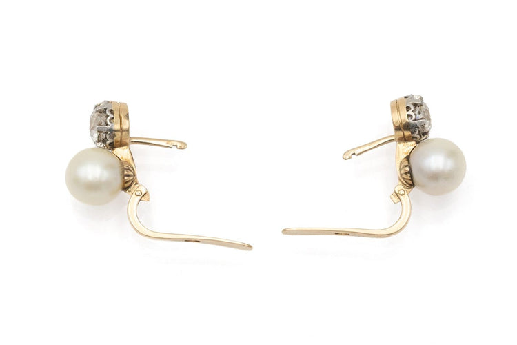 Boucles d'oreilles anciennes en or jaune, platine, diamants et perles 58 Facettes 13474