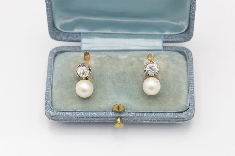 Boucles d'oreilles anciennes en or jaune, platine, diamants et perles 58 Facettes 13474