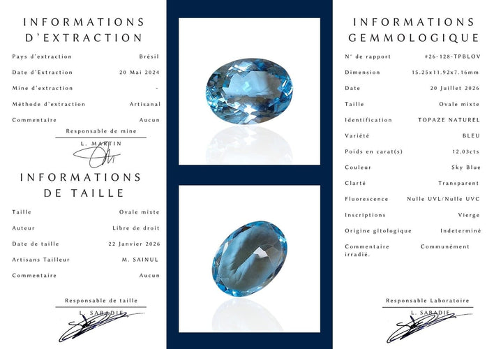 Topaze bleue du Brésil - Pierre ovale mixte 12,03 ct 58 Facettes #26-128-TPBLOV