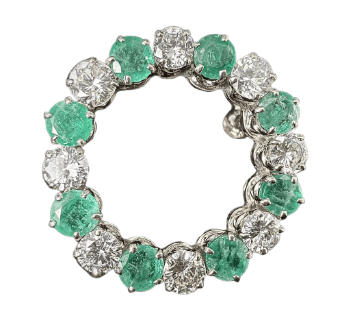 Broche cercle en or blanc, diamants et émeraudes naturelles 58 Facettes broche 1