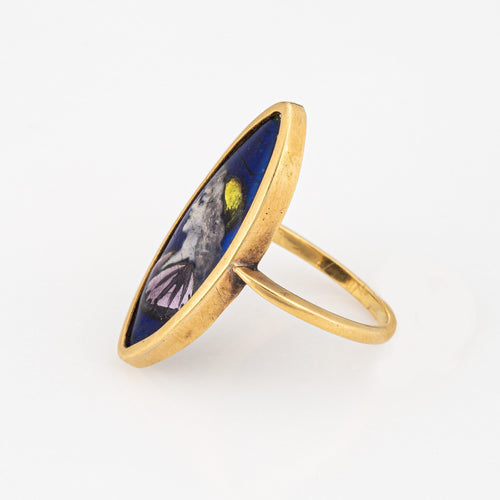 Bague 52 Art déco - Bague navette portrait en émail polychrome, or jaune 18 ct 58 Facettes G12812