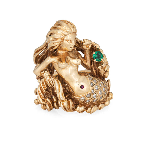 Bague Bague sirène vintage en or jaune 14 carats, diamants, émeraude et saphirs 58 Facettes G13679