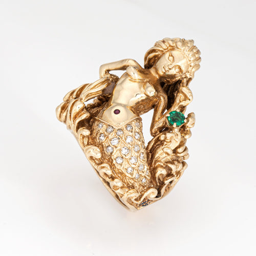 Bague Bague sirène vintage en or jaune 14 carats, diamants, émeraude et saphirs 58 Facettes G13679