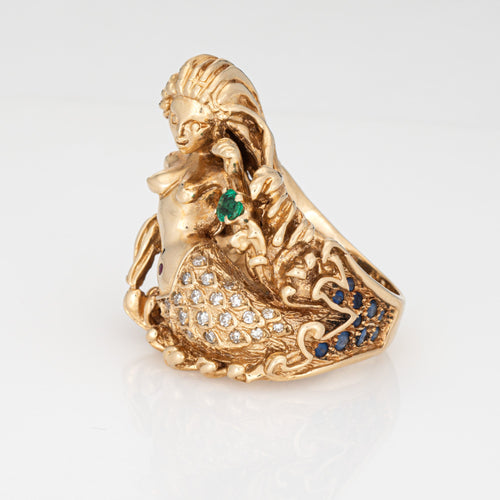 Bague Bague sirène vintage en or jaune 14 carats, diamants, émeraude et saphirs 58 Facettes G13679