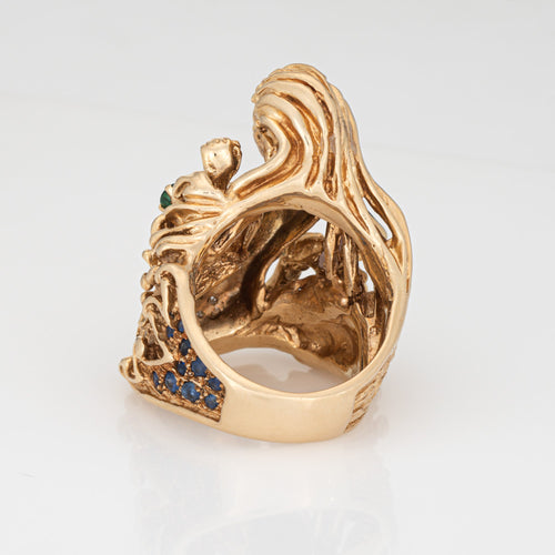 Bague Bague sirène vintage en or jaune 14 carats, diamants, émeraude et saphirs 58 Facettes G13679