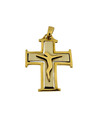 Crucifix portugais ancien en or jaune et blanc 19 carats 58 Facettes P1641D