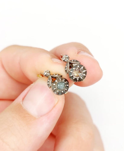 Dormeuses victoriennes - Boucles d'oreilles en or rose, argent et diamants 58 Facettes A07593