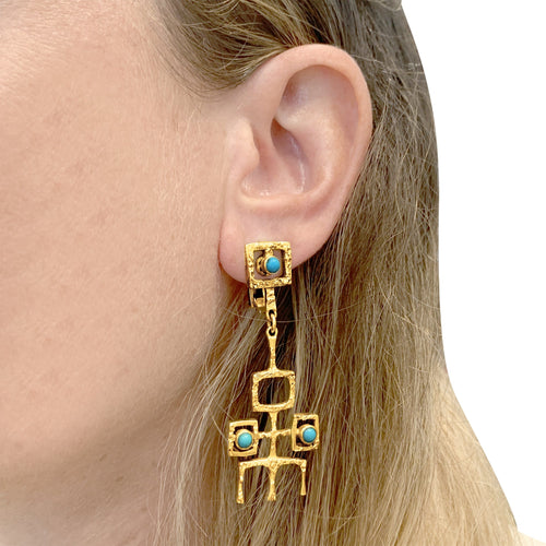 Boucles d'oreilles Boucles d'oreilles vintage en or jaune et turquoises cabochon 58 Facettes 35871
