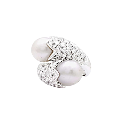 Bague 57 Toi & Moi - Bague en or blanc, perles et diamants 58 Facettes 35823