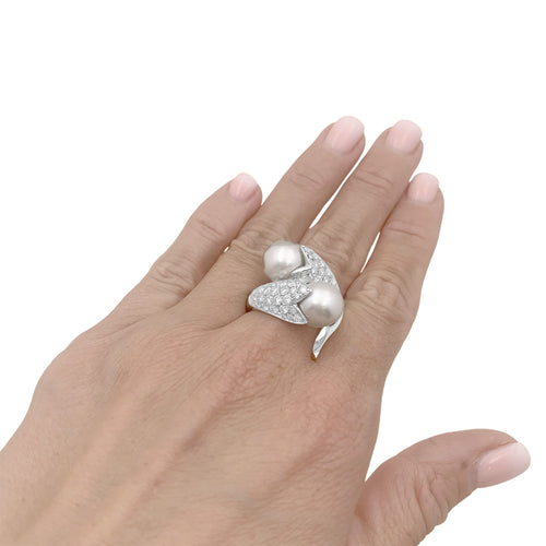Bague 57 Toi & Moi - Bague en or blanc, perles et diamants 58 Facettes 35823