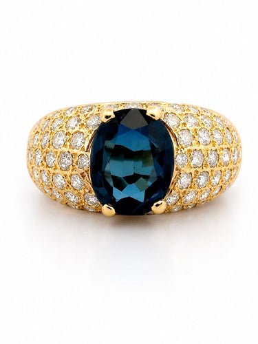 59 Bague en or jaune 18 carats, saphir ovale et diamants 58 Facettes Ss