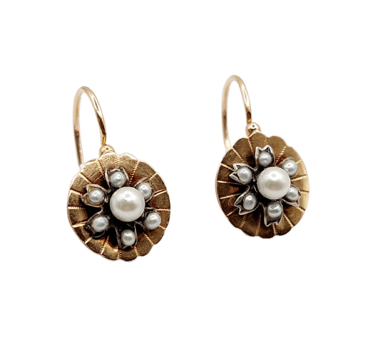 Dormeuses marguerite antiques en or rose 18k, argent et perles 58 Facettes A07601