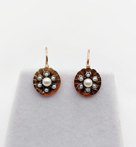 Dormeuses marguerite antiques en or rose 18k, argent et perles 58 Facettes A07601