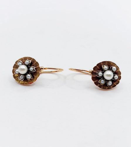Dormeuses marguerite antiques en or rose 18k, argent et perles 58 Facettes A07601