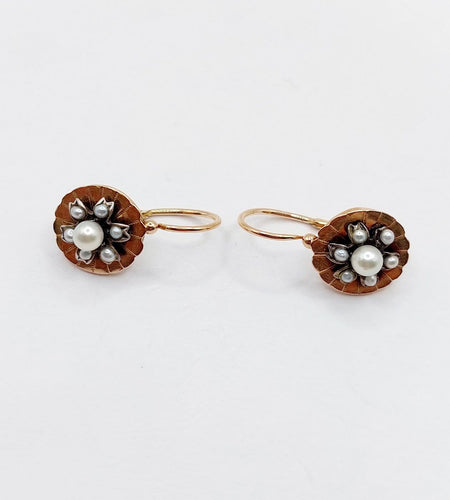 Dormeuses marguerite antiques en or rose 18k, argent et perles 58 Facettes A07601