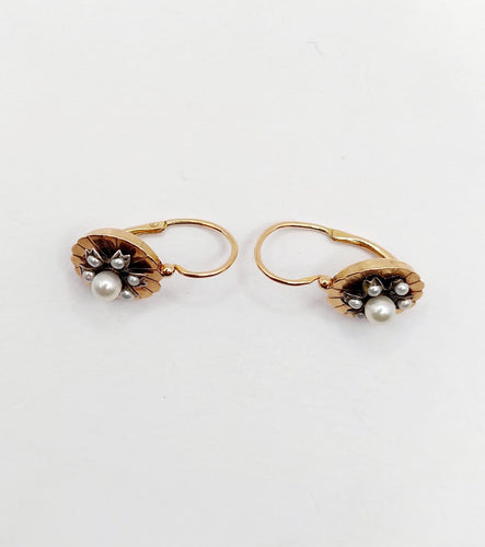 Dormeuses marguerite antiques en or rose 18k, argent et perles 58 Facettes A07601