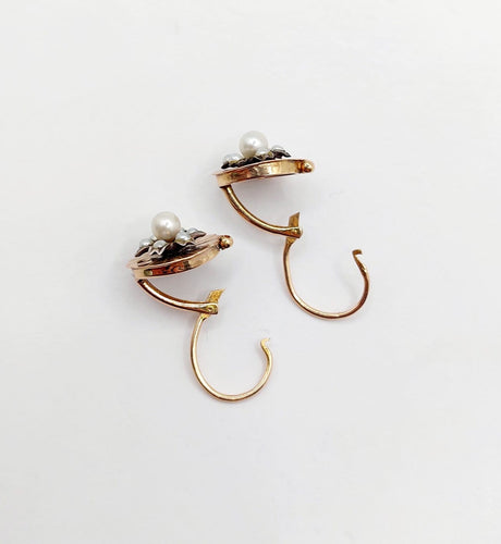Dormeuses marguerite antiques en or rose 18k, argent et perles 58 Facettes A07601