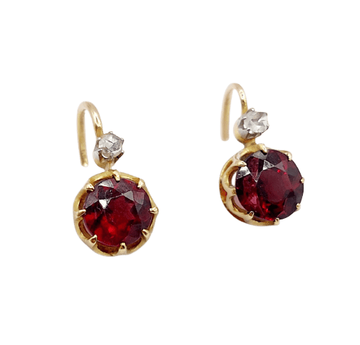 Dormeuses antiques - Boucles d'oreilles en or 18k, grenats et diamants 58 Facettes A07602