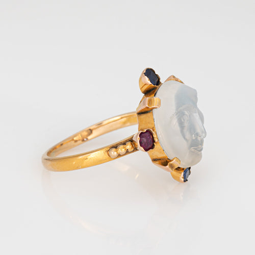 Bague 54 Bague victorienne « Man in the Moon » en or jaune 14k, pierre de lune 58 Facettes G13683
