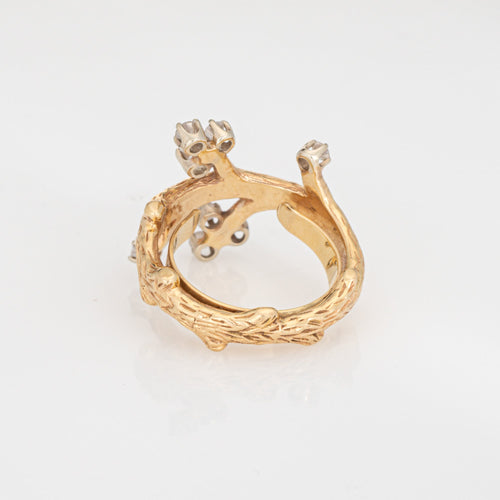 Bague 49 Bague branche vintage années 1960 en or jaune 14 carats et diamants 58 Facettes G13972