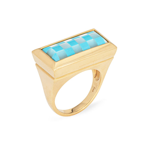 Bague 54 Bague cocktail damier turquoise et nacre en or jaune 18 carats 58 Facettes G13964