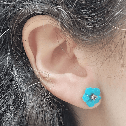 Boucles d'oreilles fleurs en or noir 18k, turquoises et saphirs 58 Facettes TA88PI686