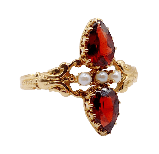 66 Bague marquise antique en or rose 18k, grenat poire et perles 58 Facettes A07643
