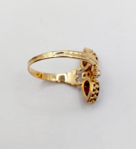 66 Bague marquise antique en or rose 18k, grenat poire et perles 58 Facettes A07643