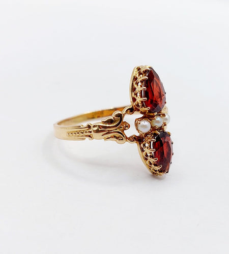 66 Bague marquise antique en or rose 18k, grenat poire et perles 58 Facettes A07643