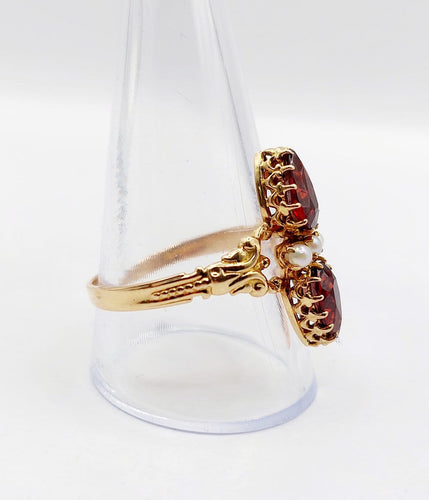 66 Bague marquise antique en or rose 18k, grenat poire et perles 58 Facettes A07643