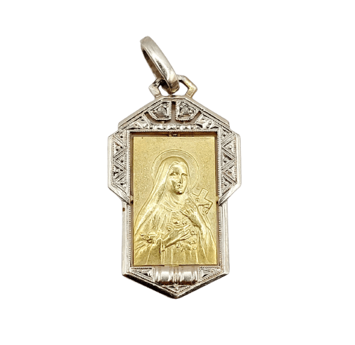 Médaille religieuse Art déco en or 18k, Vierge Marie et diamants 58 Facettes A07647