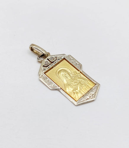 Médaille religieuse Art déco en or 18k, Vierge Marie et diamants 58 Facettes A07647