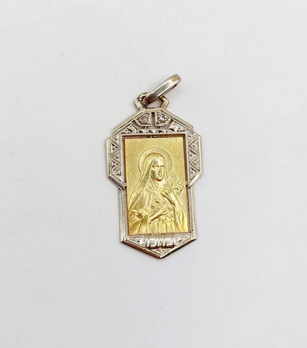 Médaille religieuse Art déco en or 18k, Vierge Marie et diamants 58 Facettes A07647