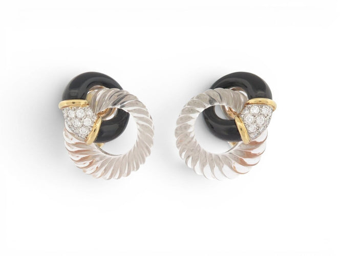 Boucheron - Boucles d'oreilles en or jaune, onyx, cristal de roche et diamants 58 Facettes 275837