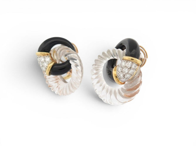Boucheron - Boucles d'oreilles en or jaune, onyx, cristal de roche et diamants 58 Facettes 275837