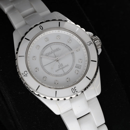 Chanel J12 - Montre 39 mm en céramique blanche et diamants 58 Facettes FB11542