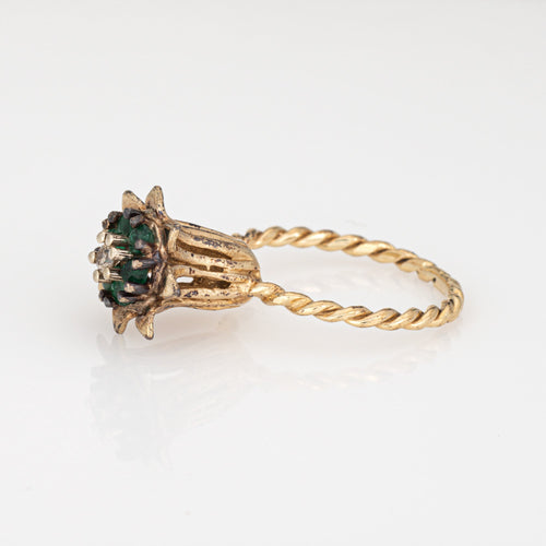 Bague 51 Bague tulipe vintage en or jaune 14 carats, diamant et émeraudes 58 Facettes G14019