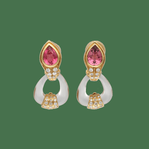 Boucles d’oreilles clips en or jaune 18k, tourmalines, diamants et cristal 58 Facettes FB11631
