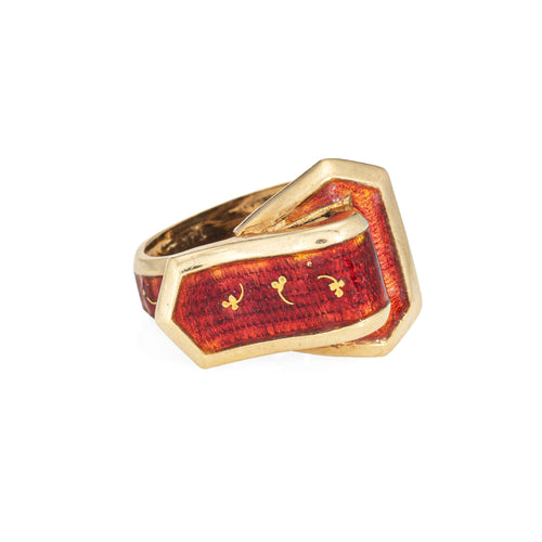 Bague 49 Bague boucle de ceinture vintage en or jaune 14k et émail rouge 58 Facettes G14041