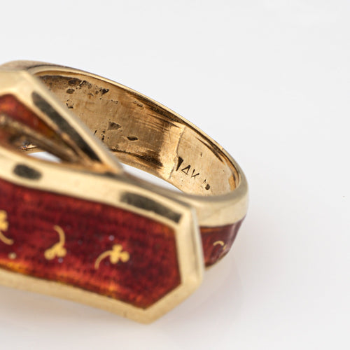 Bague 49 Bague boucle de ceinture vintage en or jaune 14k et émail rouge 58 Facettes G14041